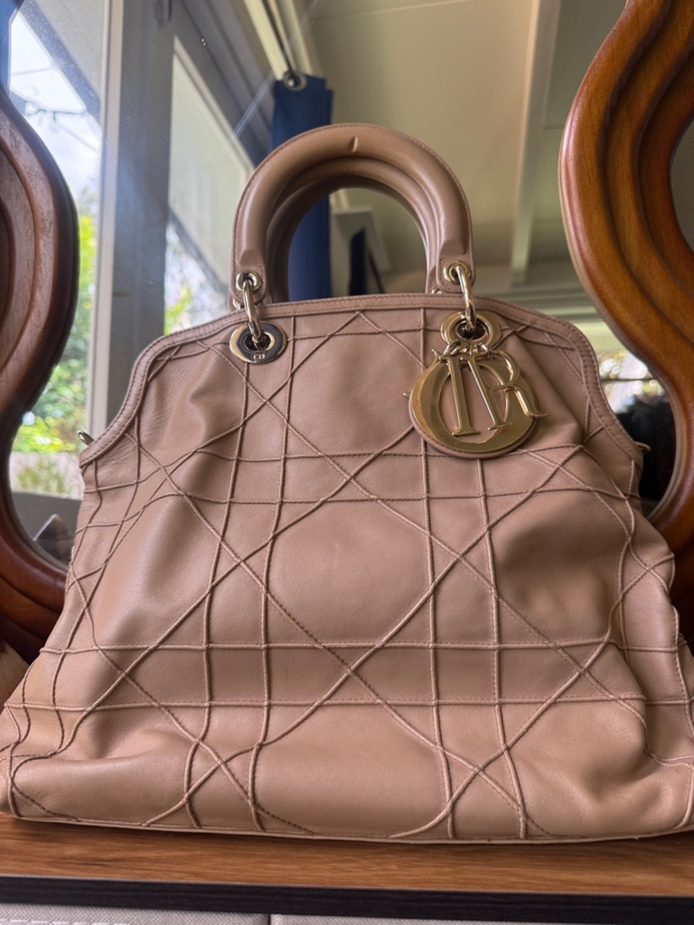 Vintage Dior Beige Cannage Quilted Leather Satchel w Gold Hardware - REPAINTED